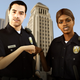 A promotional Grand Theft Auto V image shows two cops fist-bump in front of a city skyline.